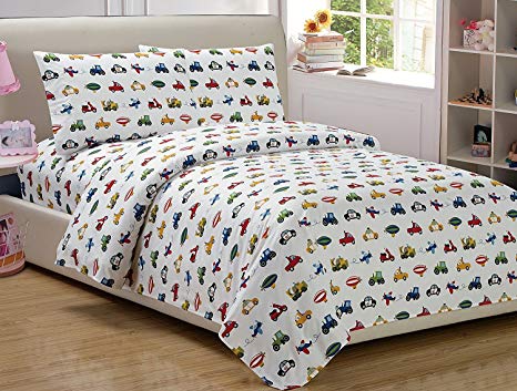 Mk Collection Twin Size Trucks Tractors Cars Kids/boys 2 PC Duvet Set White Blue Red Yellow New Twin, Duvet White