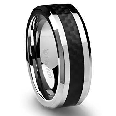 8MM Men's Titanium Ring Wedding Band Black Carbon Fiber Inlay and Beveled Edges