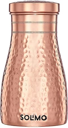 Amazon Brand - Solimo Copper Water Bottle | Bedside Bottle with Glass Lining | Hammered Finish |1000 ml (Pack of 1)