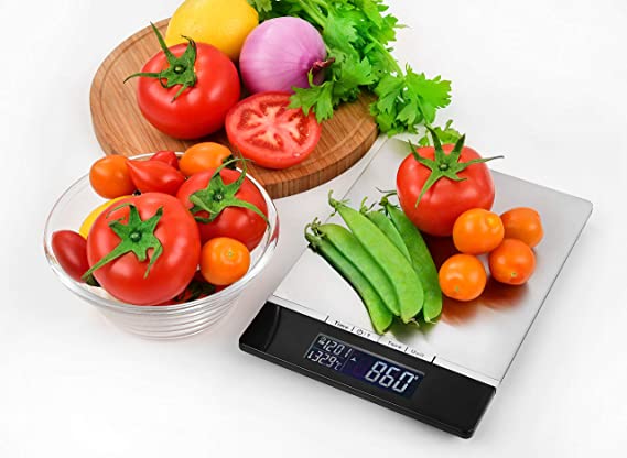 Venga! High Precision Digital Kitchen Food Scale, Weighs up to 5kg in Steps of 1 g, Stainless Steel Cover, with Ambiance Temperature Sensor and Clock, Black/Stainless Steel, VG EKS 3000