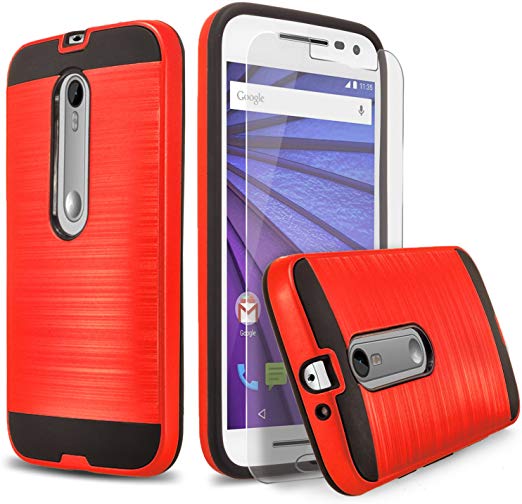 Moto G Case, (3rd Generation) 2-Piece Style Hybrid Shockproof Hard Case Cover   Circle(TM) Stylus Touch Screen Pen And Screen Protector (Red)