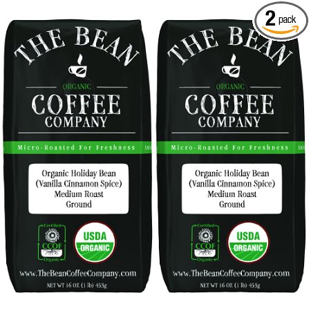 The Bean Coffee Company Organic Holiday Bean (Vanilla Cinnamon Spice), Medium Roast, Ground, 16-Ounce Bags (Pack of 2)