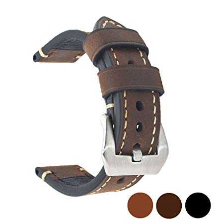 Berfine Genuine Leather Watch Band Replacement Vintage Watch Strap for Men Women with Stainless Steel Buckle Black Brown 20mm 22mm 24mm