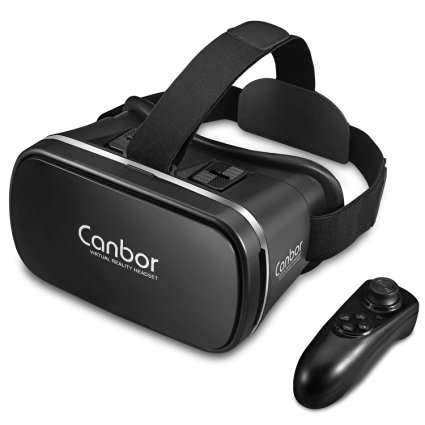 VR Headset, VR Goggles 3D VR Glasses Virtual Reality Headset with Controller Canbor VR Box for 3D Video Movies Games for Apple iPhone, Samsung Galaxy Note HTC Google Nexus LG More Smartphones