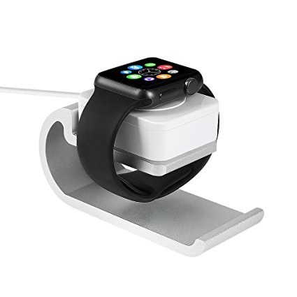 Apple MFI Certified iWatch Charger with Stand, Smart Apple Watch Magnetic Charger / Charging Dock Station with 3.3 Feet Charging Cable & Aluminum Alloy Stand for iWatch Series 1 & 2 - Silver