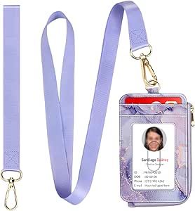 Fintie 2-in-1 ID Badge Holder & Lanyard Wallet, Credit Card Holders with Removable Wristlet & Neck Lanyard, Leather ID Name Badg 5 Card Slots Zipper Purses for Women Girls, Lilac Marble