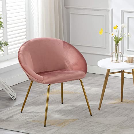 Modern Velvet Vanity Chair, Accent Chair with Metal Legs, Shell Upholstered Dining Chair for Living Room Kitchen Bedroom (Rose Pink)