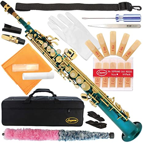 Lazarro Sea Blue-Gold Keys Bb B-Flat Straight Soprano Saxophone Sax Lazarro 11 Reeds,Care Kit~24 COLORS Available-300-SB