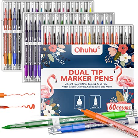 60 Color Ohuhu Watercolor Markers for Adult Coloring, Dual Brush Marker Pen Fine & Brush Tips, Blendable Art Marker for Drawing, Coloring, Calligraphy, Sketching, Journaling, Holiday Gifts