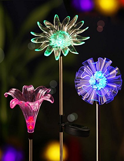 BRIGHT ZEAL Set of 3 Solar Powered Garden Stake Light with Vivid Figurines in Life Size - Dandelion, Lily, Sunflower - Led Solar Patio Lights - Garden Decor Solar Lights - Yard Decoration Stake Lights