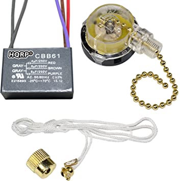 HQRP Kit Ceiling Fan Capacitor CBB61 4uf 5uf 6uf 5-Wire UL Listed and 3-Speed Fan Switch