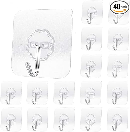 Alayaglory Wall Hooks for Hanging,Transparent Adhesive Hooks 30 lb(Max), Waterproof and Oilproof Reusable Seamless Hooks, Heavy Duty Wall Hook for Kitchen Bathroom Office (40 Pack) Transparen