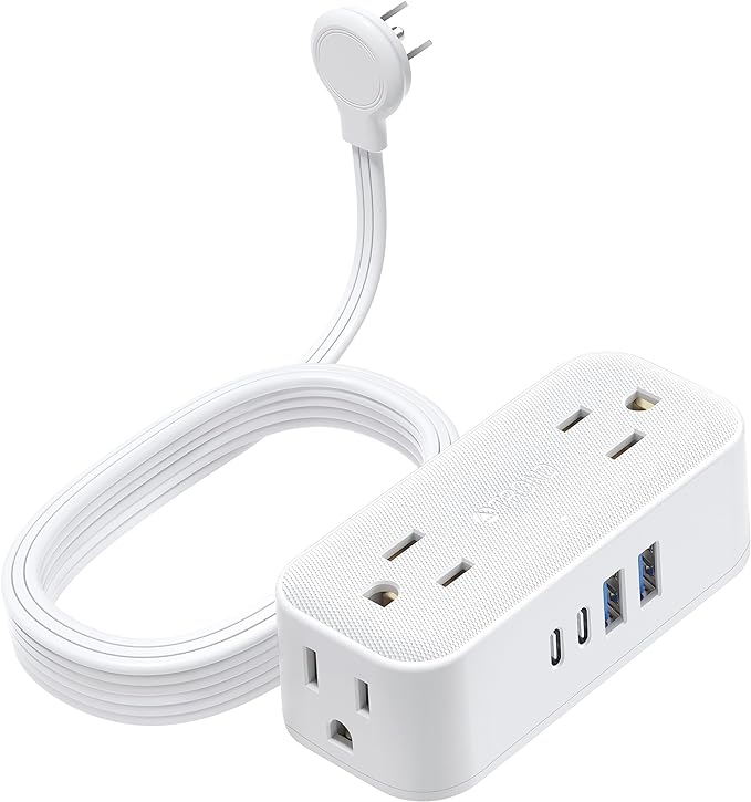 TROND Flat Extension Cord 10 ft, Flat Plug Power Strip with 4 Wide outlets 4 USB Ports (2 USB C), Wall Mount, Desk USB Charging Station for Home Office Dorm Room Travel Essentials, White