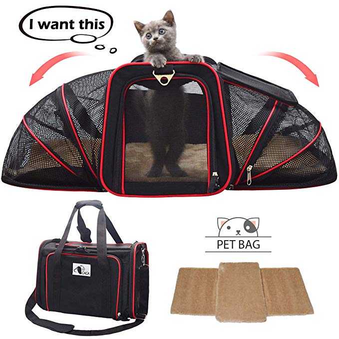 Soft-Sided Cat Carrier, Pet Travel Carrier Airline Approved, Two Sideds Expansion Pet Tote Bag with Washable Bedding, Collapsible Pet Travel Carrier for Small Dogs&Cats (red Black (Expandable))