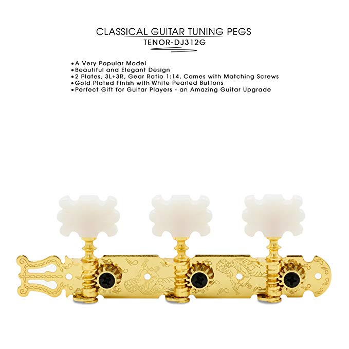 DJ312G TENOR Classical Guitar Tuners, Tuning Key Pegs/Machine Heads for Classical or Flamenco Guitar with Gold Plated Finish and Pearl Colored Butterfly Buttons.