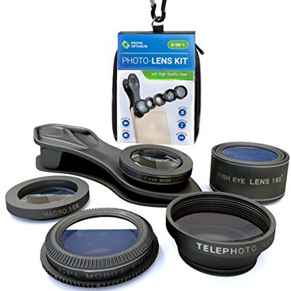 Macro Photo Lens Kit for iPhone and Android Smartphones | Set of 5: Fisheye, Wide Angle, Macro, Telephoto and CPL Lenses for HD Quality Photos | Free Case, Carabiner and Clip-On Holder | Phone Optimum