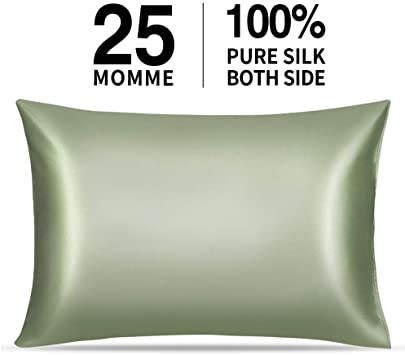 Winjoy 25 Momme Silk Pillowcase, Both Sides 100% Natural Mulberry Silk Pillow Covers Cases Standard Size for Hair and Skin with Hidden Zipper, 1PC, Olive Green