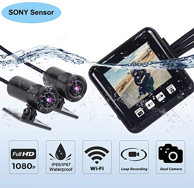 Motorcycle Riding Camera Waterproof Motorbike Dash Cam 1080P Dual Lens Video Driving Recorder 2" 140 °Angle WiFi Support, Sony IMX323,Motorcycle Recording Camera Sports Action Camera by VSYSTO