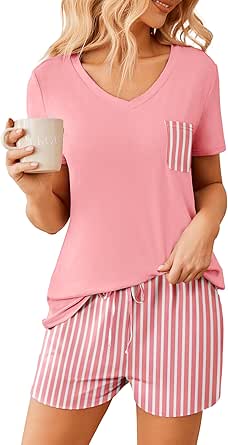 Ekouaer Women Pajama Sets 2 Piece Lounge Sets Short Sleeve Casual V Neck Summer Sleepwear PJS