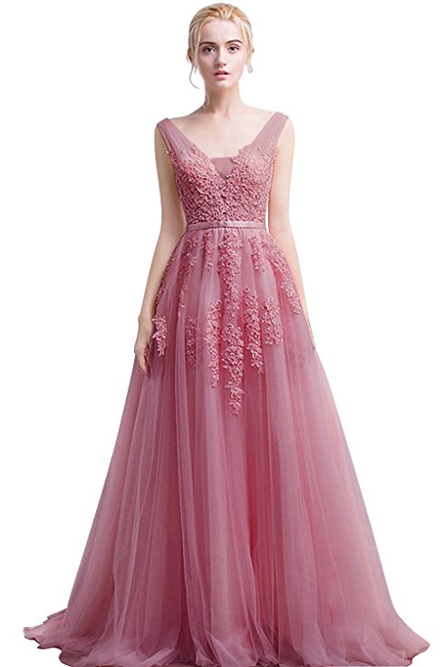 Babyonline Women's Double V-neck Tulle Appliques Long Evening Cocktail Gowns