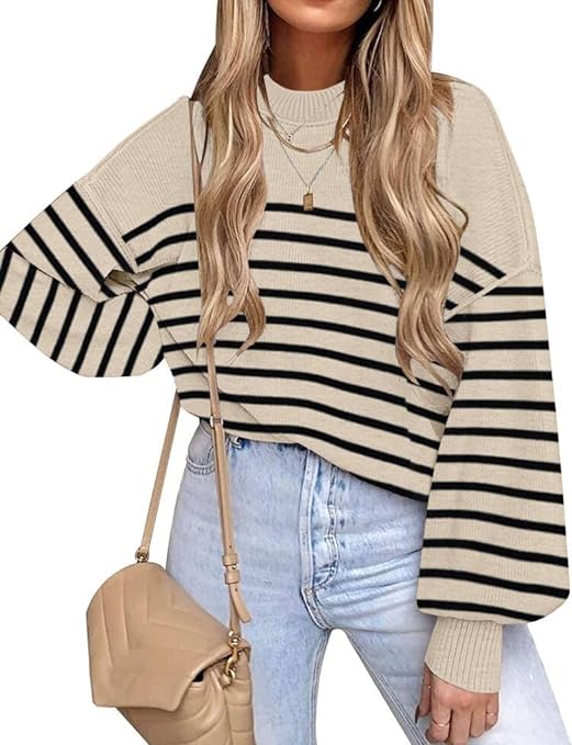 ETCYY Womens Striped Sweaters 2023 Fall Batwing Long Sleeve Side Slit Oversized Sweaters Trendy Crew Neck Knit Pullover Tops