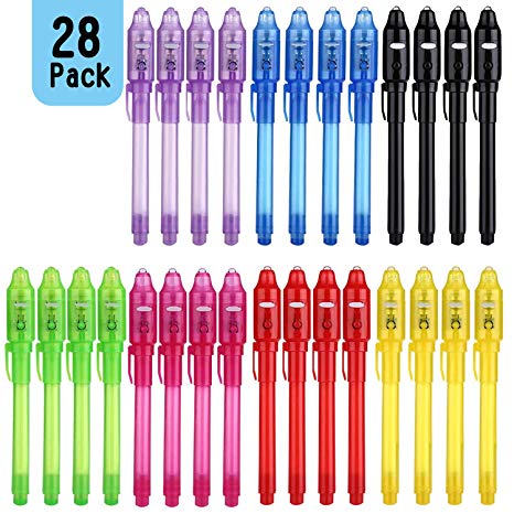 DLUCKY Invisible Ink Pen 28Pcs Latest 2019 Spy Pen with UV Light Magic Marker Kid Pens for Secret Message and Birthday Party,Writing Secret Message for Easter Day Halloween Christmas Party Bag Gift