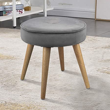 LINKLIFE Thick Padded Round Footrest Ottoman Stool Velvet Side Table Seat, Makeup Dressing Stool with Wooden Legs for Living Room, Bedroom, Small Space Room, Office (Grey)