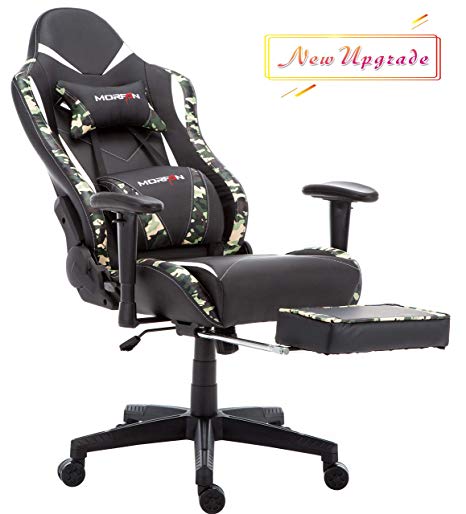 Morfan Gaming Chair Massage and Rocking Function with Footrest Large Size High Back Computer PU Leather Swivel Racing Chair with Adjusted Headrest & Lumbar Support (Black/Camo)