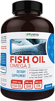 PuraVida Omega 3 Fish Oil Supplement,Keep Healthy Blood Pressure,Immunity, Heart Support and Promote Joint, Eyes, Brain & Skin Health,180 Capsules