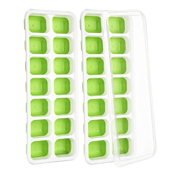 Ice Cube Trays,[2 Pack]TOPELEK Easy Release Silicone Ice Cube Trays with Spill-Resistant Lids,14-Ice Trays Can Make 28 Ice Cubes,FDA Approved/BPA-free Ice Cube Tray Set for Freezing Baby Food,Cocktails,Whiskey-Dishwasher Safe,(Blue & Green)