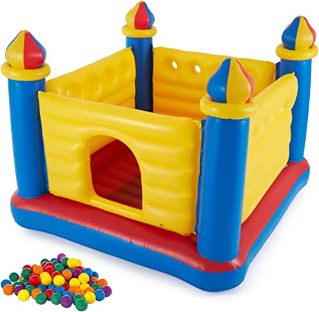 Intex Indoor Outdoor Inflatable Jump-O-Lene Kids Bouncer Castle House Ball Pit and Small Plastic Multi-Colored Fun Ballz with Carrying Bag, 100 Pack