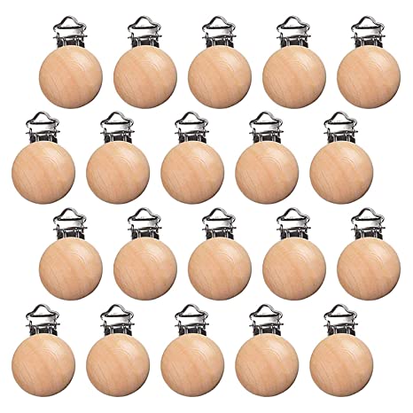 Vankcp 30Pcs Suspender Clips Wooden Natural Round Pacifier Clips for Making Pacifier Attachments Toy Holder Clip DIY Pacifier Clip Jewelry Accessories
