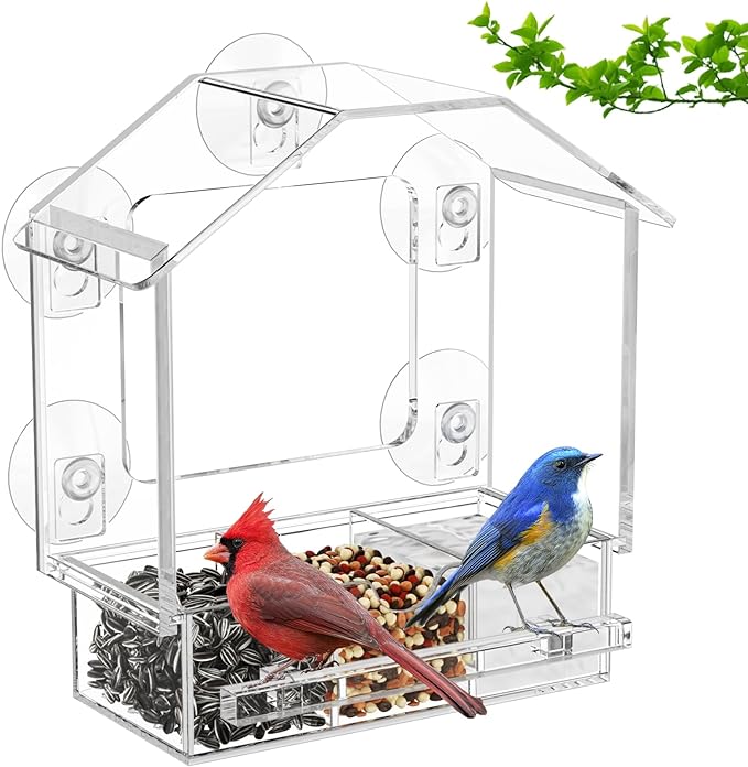 HIIMIEI Window Bird Feeders with Strong Suction Cups, Clear Bird feeders for Window, Window Mounted Bird Feeder with Seed Holder and Drain Holes, Window Bird House for Cardinal, Finch, Bluebirds etc