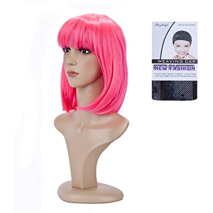 BeliHair Cosplay Pink Wigs for Women Costumes 12 inch Short Straight BOB Hot Pink Wig for Christmas Party Daily Wear