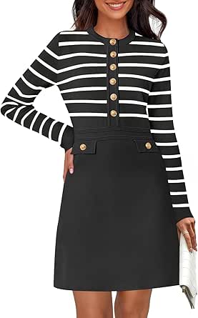 MEROKEETY Women's Long Sleeve Striped Sweater Dress Button Crewneck Fall Bodycon Formal Mini Dresses