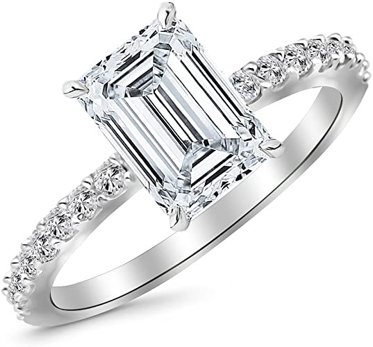 2.25 Ctw 14K White Gold Classic Side Stone Emerald Cut GIA Certified Diamond Engagement Ring (2 Ct E Color VS2 Clarity Center Stone)