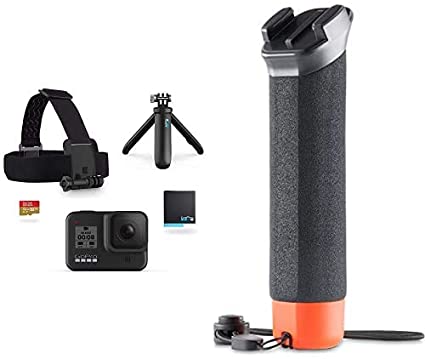 GoPro Hero8 Black Holiday Bundle   Extra Floating Handle, Includes Hero8 Black Camera, Shorty Handle, Headstrap, 32gb SD Card, 2 Batteries, and a Floating Handle