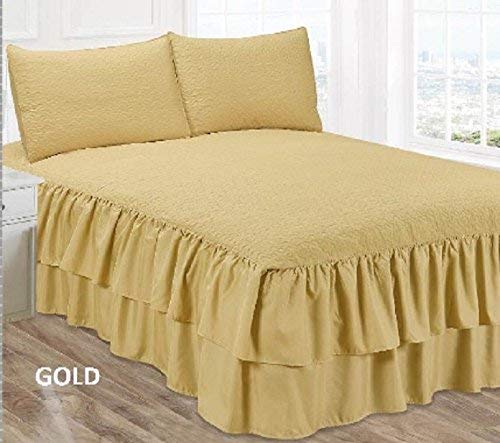 WPM Solid Double Ruffle Bedspread Set white/burgundy/purple/grey/brown/gold/turquoise King or Queen Size Bedding-Carmen (Gold, Queen)