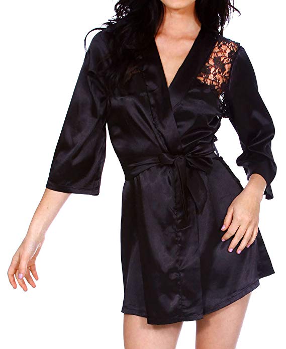 Women Sexy Lace Satin Lingerie Short Kimono Robe Sleepwear