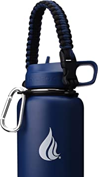 HYDRO CELL Wide Mouth Paracord Handle - Strap Carrier with Safety Ring and Carabiner. Compatible with 14, 18, 24, 32, 40, and 64 oz Stainless Steel Water Bottles