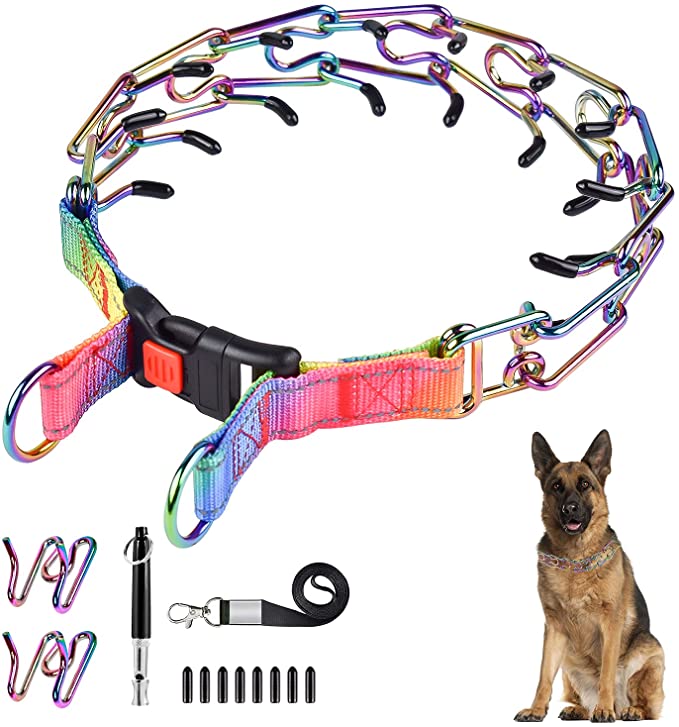 Dog Prong Traing Collar, Ivienx Choke Pinch Collar for Dogs [2 Extra Links][Dog Whistle][Colorful] with Snap Buckle and Rubber Caps, No Pull Dog Collar for Medium Large Breed Dogs