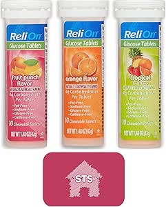 ReliOn Glucose Tablets (Mix Flavors) Orange, Tropical and Fruit Punch - 3 Pack of 10 Tablets - Total 30 Tablets   STS Sticker.