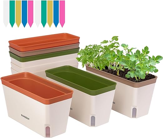 VIVOSUN Self-Watering Planters, Compact Rectangular Window Herb Planter Box with 10 PCS Plant Labels, Plant Container for Basil, Flowers, Succulents, Indoor & Outdoor, 6-Pack