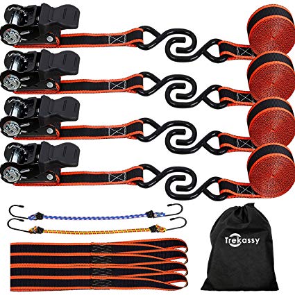 Trekassy Ratchet Straps Tie Down 1900lb Break Strength for Motorcycle Cargo 4 Pack - Includes Durable 1" x 15' Rachet Tie Downs with Rubber Handles   4 Soft Loops   2 Bungee Cords   1 Carry Bag