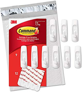 3M Command Damage-Free Utility Hooks, White, Holds 3 pounds, Organize Without Tools, 9 Hooks, 12 Strips, Ships in Own Container (GP001-9NA)