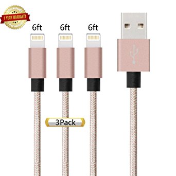 Ulimag Lightning Cable 3Pack 6FT Nylon Braided iPhone Cable - USB Cord Charging Charger for Apple iPhone 7, 7 Plus, 6, 6s, 6 , 5, 5c, 5s, SE, iPad, iPod Nano, iPod Touch - Rose Gold