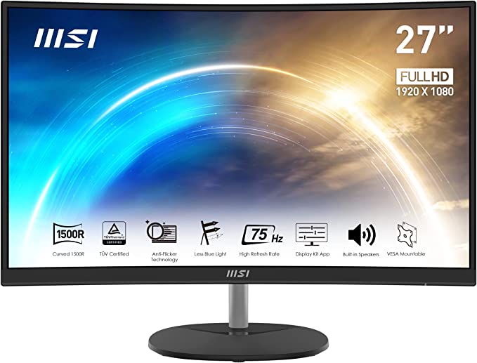 MSI Pro MP271CA, 27", 1920 x 1080 (FHD), Curved VA, 75Hz, TUV Certified Eyesight Protection, 4ms, Displayport, HDMI, Tilt