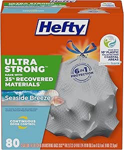 Hefty® Ultra Strong Tall Kitchen Trash Bags, 35% Recovered Materials, Seaside Breeze, 13 Gallon (Pack of 1, 80 Count Total)