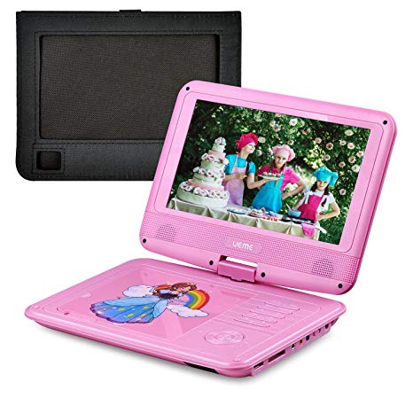 UEME 9" Portable DVD Player with Swivel Screen, Car Headrest Mount Holder, Remote Control, SD Card Slot and USB Port, Personal DVD Player PD-0093 (Pink)