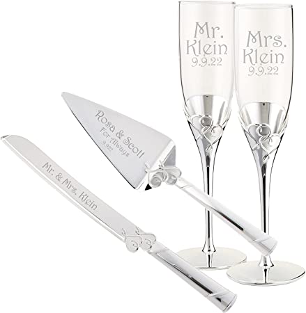 Lenox True Love Personalized Wedding Bundle, Includes Custom Engraved Wedding Cake Knife and Server Set with Matching Champagne Toasting Flutes for Bride and Groom Silver